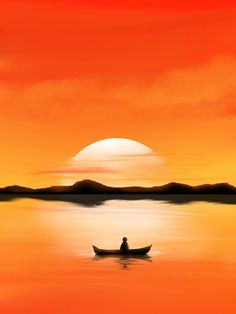 a person in a small boat on the water with an orange and red sky behind them