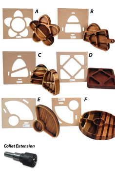 four different types of woodworking tools are shown in this image, including cutters and other accessories