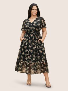 Surplice Neck Chiffon Floral Belted Dress Chiffon Short Sleeve Dress For Garden Party, Chic Chiffon Midi Dress For Daywear, Knee-length Chiffon Floral Dress, Chic Short Sleeve Chiffon Dress, Chiffon V-neck Day Dress, Knee-length Chiffon Day Dresses, Daywear Knee-length Chiffon Dresses, Chic Floral Midi Chiffon Dress, Chic Floral Chiffon Midi Dress