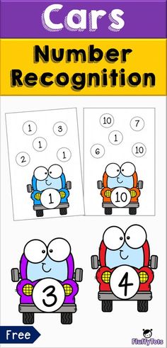 the number recognition game for cars with three cartoon characters and numbers to 10 on it