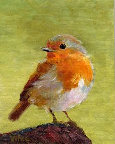 a painting of a bird sitting on top of a tree stump in front of a green background