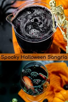 spooky halloween sangria recipe in a glass with skeleton decoration on the rim