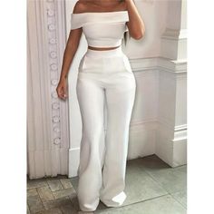 -Item Id 28527165 -Color: White -Style: Elegant -Pattern Type: Plain -Details: Pocket, Zipper -Tops Sleeve Length: Sleeveless -Neckline: Off The Shoulder -Tops Length: Crop -Pants Length: Long -Tops & Pants Material: Fabric -Top Type: Women Tops -Tops & Pants Composition: 100% Polyester -Bottom Type: Pants -Pants Body: Lined -Fit Type: Loose -Fabric: Medium Stretch -Care Instructions: Machine Wash Or Professional Dry Clean -Sheer: No **Open To Offers!!!** **Bundle To Save More** **30% Off Bundle Glamorous Luxury Pants For Date Night, Celana Fashion, Chique Outfit, فستان سهرة, Top And Pants Set, Chic Outfit, White Party, Short Sleeve Cropped Top, Looks Chic