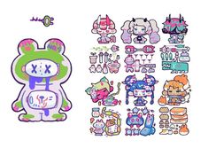 an assortment of cartoon stickers and decals on a white background with the same design