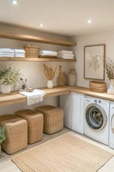 Scandinavian Basement Ideas, Neutral Laundry Room Ideas, Modern Organic Laundry Room, Cheap Laundry Room Ideas, Cool Laundry Room Ideas, Basement Laundry Rooms, Basement Laundry Room Ideas Unfinished, Unfinished Basement Laundry Room, Aesthetic Laundry Room