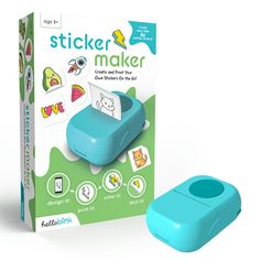 a blue box with sticker maker next to it