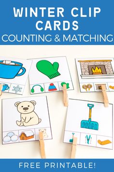 winter clip cards for counting and matching activity with clothes pegs to match the pictures