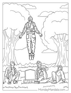 a coloring page with people sitting in the grass and one person standing on his knees