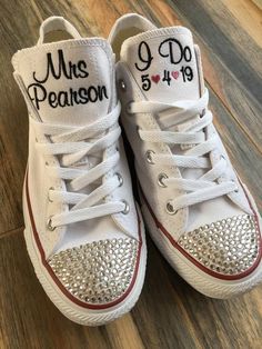 Getting Married?  What a great idea. THIS LISTING IS FOR SNEAKERS WITH  NAME and I DO w/ date on tongue ONLY ! Bling on the toe!You can purchase either the monochrome white with no red stripe or the traditional converse with the red stripe. Or coordinate with bridal party and pick a colored shoe. If you don't see a color you want please message me as I can usually get other colors direct from converse!The design will NOT come with exclamation point unless you specify that you want it.The design Custom White Sneakers With Round Toe For Anniversary, White Custom Sneakers With Round Toe For Anniversary, Customizable Wedding Sneakers With Round Toe, Customizable Low-top Wedding Shoes For Anniversary, Customizable Low-top Wedding Shoes For Bride, Customizable Lace-up Wedding Shoes For Bride, Customizable Low-top Sneakers For Anniversary, White Low-top Wedding Shoes, Wedding Shoes Groom