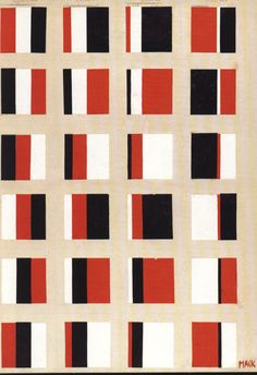 an abstract painting with red, black and white squares