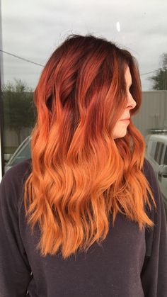 Halloween Ombre Hair, Burgundy To Orange Ombre Hair, Ginger Red Dyed Hair, Ginger Hair With Red Roots, Burnt Orange Ombre Hair, Brown Ginger Ombre Hair, Brown Root Red Hair, Dark Orange Ombre Hair, Red Hair With Orange Tips