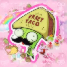 an image of a cartoon character with a mustache and taco hat on it's head