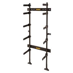 a black rack with two squats and one bar on the back side, in front of a white background