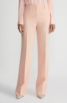 Smart tailoring meets fluid ease in these polished straight-leg pants with a high waist and pressed creases, front and back. 33" inseam; 21 1/2" leg opening; 10 1/2" front rise; 17 1/2" back rise (size 8) Zip fly with hook-and-bar closure Front slant pockets; back welt pockets Partially lined 71% acetate, 29% polyester Dry clean Imported Women's Designer Clothing Elegant Pants With Pressed Crease And Straight Silhouette, Elegant Straight Silhouette Pants With Pressed Crease, Elegant Straight Pants With Pressed Crease, Luxury Wide Leg Trousers With Pressed Crease, Elegant Wide Leg Dress Pants With Concealed Placket, Elegant Straight Silhouette Bottoms For Evening, Elegant Evening Bottoms With Straight Silhouette, Elegant Straight Silhouette Evening Bottoms, Elegant Bottoms With Welt Pockets And Straight Silhouette