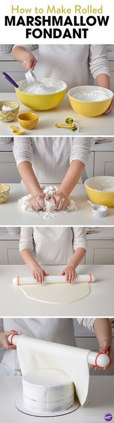 the instructions for making marshmallow fondant are shown in three different pictures, including one being rolled into a pie plate