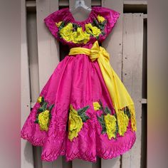 Cotton Fabric With Elastic In The Waist And Arms Include Crinoline And Rebozo Pink Fitted Dress For Fiesta, Mexican Fiesta Dresses, Floral Easter Dress, Floral Tulle Dress, Satin Flower Girl Dress, Fiesta Dress, Summer Sundresses, Yellow Maxi Dress, Mexican Dress