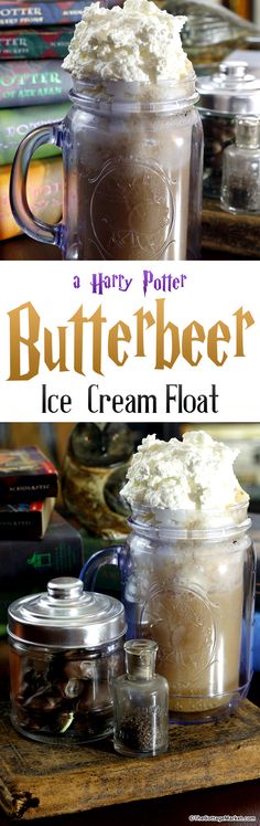 a harry potter butterbeer ice cream float in a jar with whipped cream on top