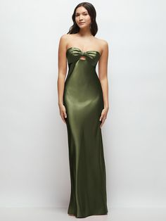 Strapless Bow-Bandeau Cutout Satin Maxi Slip Dress Prom Dresses Olive Green, Strapless Satin Finish Maxi Dress For Party, Silk Strapless Dress, Floor-length Silk Strapless Dress For Party, Green Satin Dresses, Prom Dress Beige, Olive Green Prom Dress Long, Strapless Satin Slip Dress For Party, Strapless Satin Finish Slip Dress For Party