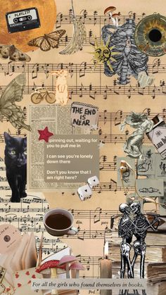 a collage of music notes and pictures with cats, birds, and other things