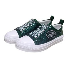 Shine bright amongst the rest when you slip on these New York Jets sneakers from Cuce. They feature sparkly sequins and the New York Jets logo embroidered on the side to elevate your fandom in dazzling style. Sporty Sneakers With Glitter Accents For Streetwear, Low-top Glitter Sneakers For Streetwear, Streetwear Low-top Sneakers With Glitter Accents, Low-top Synthetic Sneakers With Glitter Print, Low-top Glitter Print Sneakers, Casual Sequin Sneakers With Round Toe, Lace-up Synthetic Sneakers With Glitter Print, Glitter Print Lace-up Synthetic Sneakers, Lace-up Sneakers With Glitter Print