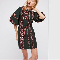 Retail Price: $168 New With Tags Sizing: S= 4-6, M=‘8-10, L= 12-14 Free People Havana’s Embroidered Minidress In A Simple Shift Shape With Femme Puffed Sleeves In A Cinched Waist. Braided Drawstring At Waist. Nwt Measurements: Bust 40” Length 35@ Sleeve Length 14” Fabrics: 100% Cotton; Embroidery 100% Polyester Green Spring Dress With Embroidered Sleeves, Green Dress With Embroidered Sleeves For Spring, Green Dresses With Embroidered Sleeves For Spring, Green Long Sleeve Dress With Embroidered Hem, Fitted Long Sleeve Dresses With Geometric Embroidery, Fall Dresses With Geometric Embroidery, Green Embroidered Knee-length Dress, Fitted Spring Dress With Geometric Embroidery, Fitted Dress With Embroidered Hem For Fall