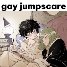 two people sitting on a couch next to each other in front of a book with the caption gay jumpscare