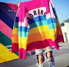 Colorful Day | BORING Heart Embroidery Rainbow Knit Cardigan Sweater Big Aesthetic, Embroidery Rainbow, Everday Style, Rainbow Cardigan, Colorful Wardrobe, Cycling Tops, Long Sleeve Knit Top, Cardigan Oversized, Rainbow Outfit