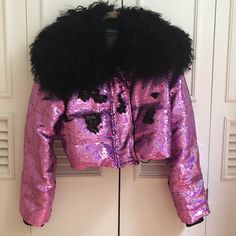 Price Is Firm. “Mercury In Retrograde” Jacket By Jocelyn Cropped Nylon Down Puffer Detachable Lamb Fur Collar Hologram Pink “Magic” Sequins Zipper Closure With Velcro Inner Drawstring To Customize Fit Purchased For $745 + Tax Worn Once And In Like-New Condition Custom Puffer Jacket, Luxury Long Sleeve Purple Outerwear, Luxury Fitted Sequin Outerwear, Luxury Fitted Purple Outerwear, Luxury Long Sleeve Sequined Outerwear, Designer Winter Party Outerwear, Pink Sequined Outerwear For Winter, Designer Fitted Pink Outerwear, Glamorous Fitted Pink Outerwear