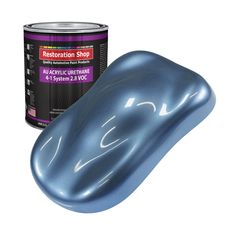 a can of paint next to an image of a shiny blue object on a white background