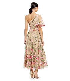 Mac Duggal Floral Lace Embroidered One Shoulder Short Sleeve Midi Dress | Dillard's Spring Evening Embroidered A-line Dress, Embroidered Evening Dress For Summer, Evening Dress With Floral Embroidery And Short Sleeves, Summer Evening Midi-length Embroidered Dress, Summer Evening Embroidered Midi Dress, Fitted A-line Floral Dress With Embroidery, Spring Wedding Midi Dress With Floral Embroidery, Formal Floral Embroidered Midi Dress, Maxi Dress With Floral Applique For Spring