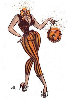 a drawing of a woman holding a pumpkin in her right hand and wearing a hat