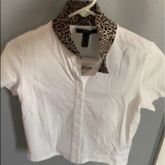 Brand New Never Worn. Casual Collared Leopard Print Tops, Forever 21 Short Sleeve Tops With Button Closure, Forever 21 Collared Tops With Button Closure, Forever 21 Collared Top With Button Closure, Leopard Print Short Sleeve Tops For Work, Forever 21 Collared Tops For Day Out, Cropped Button Up Shirt, Money Shirt, White Button Up Shirt