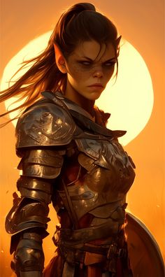 a woman dressed in armor standing next to a giant sun with her hair blowing in the wind