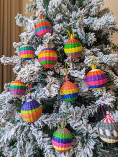 a christmas tree decorated with multicolored ornaments