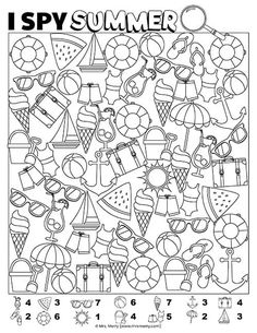 the i spy summer coloring page with numbers and pictures to print out for preschoolers