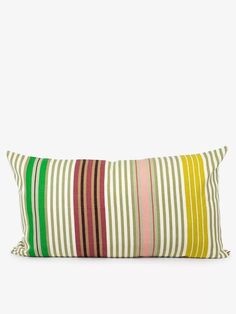 a multicolored striped pillow on a white background