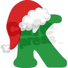 the letter k with a santa hat on it's head is shown in green and red