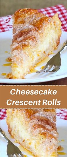 two pictures of cheesecake crescent rolls on plates with forks and red checkered table cloth