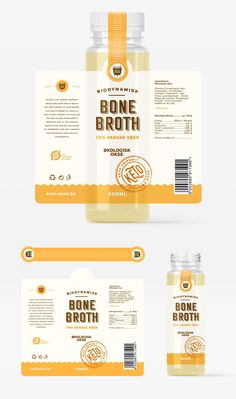 the packaging design for bone broth is shown in three different stages, including one bottle and