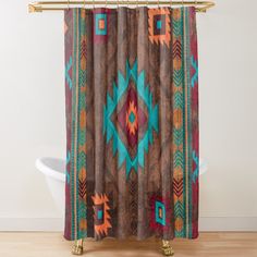 a colorful shower curtain with an abstract design on the front and back panels, in brown, teal, turquoise, and red colors