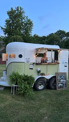 a food truck is parked in the grass near some trees and bushes, with a woman standing at the counter