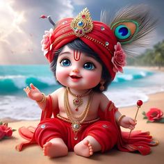 a painting of a baby sitting on the beach wearing a red outfit and holding a flower