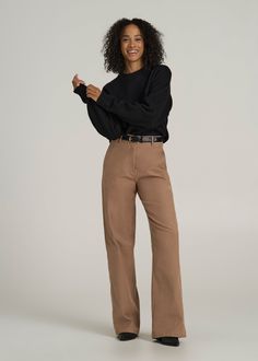 High Rise Wide Leg Flat Front Chino Pants for Tall Women | American Tall Tall Work Pants Women, Wool Pants Women, Tall Women Fashion 6 Foot, Pants For Tall Women, Look Wide Leg, Tall Girl Outfits, Tall Women Fashion, Feeling Secure, Scrubs Dress