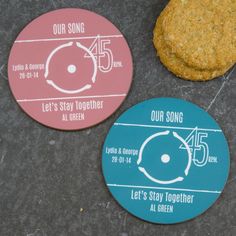 two coasters with the words let's stay together on them next to a cookie