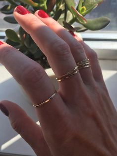 Mixed set of 14k gold filled stacking rings containing both hammered wavy and flat thin gold rings. Handmade in Brooklyn, New York by Delia Langan  Jewelry  Supports blm Midi Rings Gold, Long Nail Art, Gold Rings Stackable, Stacking Ring Set, Knuckle Rings, Gold Filled Ring, Gold Ring Sets, Gold Ring Stack, Hand Shapes