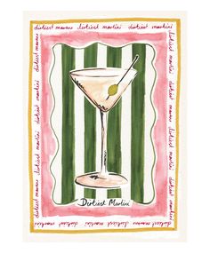 a painting of a martini glass with an olive in it on a striped green and pink background