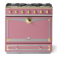 a pink stove top oven with two burners and one door on the front, against a white background