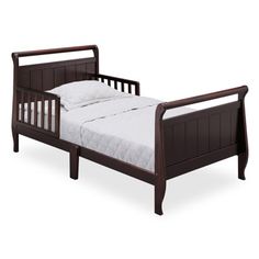 a wooden bed frame with white sheets and pillows on top of it, against a white background