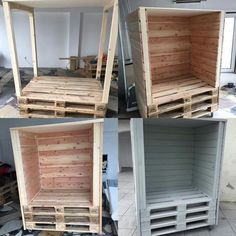 four different pictures of wooden pallets stacked on top of each other in various stages of being assembled