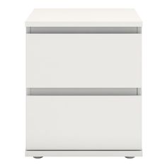 a white cabinet with two drawers and wheels on the bottom, in front of a white background